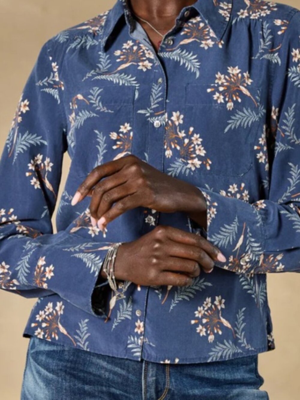 Sundance Ryleigh Floral Button Up Blouse Boho Coastal Blue White Petite L